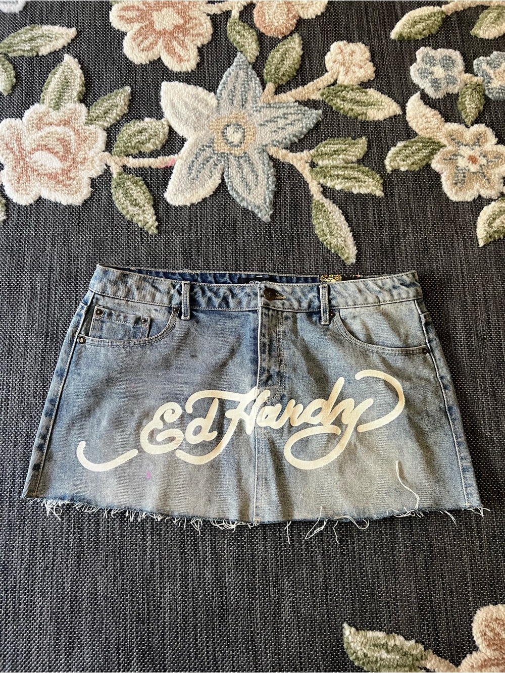 Ed Hardy Blue Denim Mini Skirt with White Logo